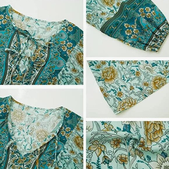 Blue Boho‎ Floral Printed Tie V-Neck Loose Flowy Long Sleeve Top Blouse - Picture 4 of 6